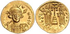 BYZANTINE COINS BYZANTINISCHES REICH, Constantin IV., 668-685, AV Solidus, CONOB =Konstantinopel. Büste mit Speer und Schild. Rs.Krückenkreuz mit 3 Stufen, l. Heraclius, r. Tiberius stehend, Off. nich