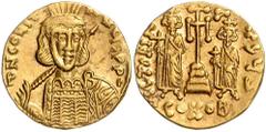 BYZANTINE COINS BYZANTINISCHES REICH, Constantin IV., 668-685, AV Solidus, CONOB =Konstantinopel. Büste mit Speer und Schild. Rs.Krückenkreuz mit 3 Stufen, l. Heraclius, r. Tiberius stehend, Off.S. 4,