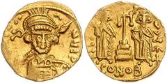 BYZANTINE COINS BYZANTINISCHES REICH, Constantin IV., 668-685, AV Solidus, CONOB =Konstantinopel. Büste mit Speer und Schild. Rs.Krückenkreuz mit 3 Stufen, l. Heraclius, r. Tiberius, Off.E+. 4,35g. GO
