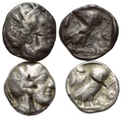 GRIECHISCHE MÜNZEN GRIECHENLAND, ATTIKA / Stadt Athen, AR Tetradrachme (ca.420-400 v.Chr.). Kopf der Athena r. Rs.Eule mit Olivenz eig und Mondsichel im quadratum incusum. 16,88g. Bankmarken und Prüfh