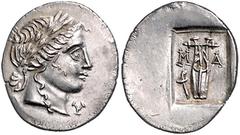 GRIECHISCHE MÜNZEN KLEINASIEN, LYKIEN / Stadt Masikytes, AR Hemidrachme (1.Jh.v.Chr.) der Lykischen Liga. Belorb. Apollokopf r., [L]-Y. Rs.Lyra, l. kl.Fackel, M-A, im vertieften Quadrat. 1,85g. vz Sea