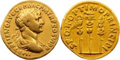 Gold - Ancient Traianus, Aureus 98-117, RomeTraianus, Aureus 98-117, Rome, 7,02 g, Gold, RIC II 294var (Bust), Calicó 1120, MIR 418f, Small graffiti; VF Grade: VF