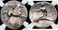 Ancient Taras, AR Didrachm 302-280 BCCategory: Ancient Country/Region: Calabria Ruler/Area: Taras Denomination: AR Didrachm Year: 302-280 BC Weight: 7,69 g Material: Silver NGC/PCGS: NGC Grade: Ch VF,