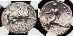 Ancient Taras, AR Didrachm 302-280 BCCategory: Ancient Country/Region: Calabria Ruler/Area: Taras Denomination: AR Didrachm Year: 302-280 BC Weight: 7,86 g Material: Silver NGC/PCGS: NGC Grade: Ch VF,