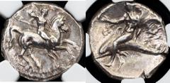 Ancient Taras, AR Didrachm 302-280 BCCategory: Ancient Country/Region: Calabria Ruler/Area: Taras Denomination: AR Didrachm Year: 302-280 BC Weight: 7,71 g Material: Silver NGC/PCGS: NGC Grade: Ch XF,