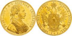 Gold - Habsburg Franz Joseph I., 4 Dukat 1886, ViennaCategory: Gold - Habsburg Ruler/Area: Franz Joseph I. Denomination: 4 Dukat Year: 1886 Mint: Vienna Weight: 13,869 g Material: Gold Purity: 986/100