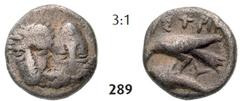 THE ISTROS COLLECTION – GreeK... Hemiobol (0,50g) Hemiobol (0,50g), circa 380/350-330/280 BC. Obv.: Two facing male heads, the right inverted / Rv.: IΣTPIH, eagle standing left on dolphin, Y in right 