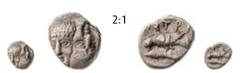 ISTROS Hemiobol (0,59g), 380-280, 1 Series Hemiobol (0,59g), 380-280, 1 Series. Av. Two young male heads facing side-by-side, the left one inverted / Rv. IΣTPI Sea-eagle left, grasping dolphin with ta