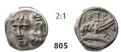 ISTROS Hemiobol (0,49g), 380-280 Hemiobol (0,49g), 380-280. Av. Two young male heads facing side-by-side, the left one inverted / Rv. IΣTPI Sea-eagle left, grasping dolphin with talons. Ref.: cf. AMNG