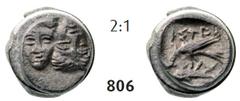 ISTROS Hemiobol (0,47g), 380-280 Hemiobol (0,47g), 380-280. Av. Two young male heads facing side-by-side, the left one inverted / Rv. IΣTPI Sea-eagle left, grasping dolphin with talons, X in right fie