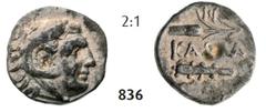 KALLATIS Diobol (1.16g), after 281 BC Diobol (1.16g), after 281 BC. Av. Head of young Heracles right, wearing lion’s skin / Rv. KAΛΛA Ear of corn (or arrow ?), club. Seems unpublished. VF+ RR!