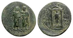 Roman Provincial Augustus with Caius and Lucius Caesars (27 BC-AD 14). Mysia, Pergamum. Æ (21mm, 4.45g, 12h). Kephalion, grammateus, c. AD 1. Demos of Pergamum standing slightly l., crowning Demos of 