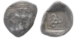 Greek Dynasts of Lycia, Perikles, AR Tetrobol, 2.70 g 15.94 mm. Circa 380-360 BC. Uncertain mint, Obv: Facing scalp of lion. Rev: Triskeles within incuse circle. Ref: SNG von Aulock 4254-5. Near Fine