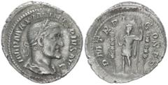 Roman Imperial Maximinus Thrax, 235-238 AD. AR, Denarius. 2.88 g. 21.44 mm. Rome. Obv: IMP MAXIMINVS PIVS AVG. Bust of Maximinus I, laureate, draped, cuirassed, right. Rev: P M TR P II COS P P. Maximi