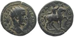 Roman Provincial Thrace, Deultum. Macrinus, 217-218 AD. AE. 8.16 g. 24.44 mm. Obv: IMP C M OPE SEV MACRINVS. Head of Macrinus, radiate, right. Rev: COL FL PAC DEVLT. Macrinus ridinh horse, wearing chl