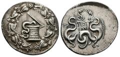 Greek Lydia, Tralleis. AR Cistophoric Tetradrachm, 12.24 g 31.38 mm. Circa 2nd - 1st century BC. Obv: Serpent emerging from Cista Mystica with meander pattern; all within ivy wreath. Rev: Bow in bowca