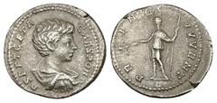 Roman Imperial Geta as Caesar, AD 198-209. AR, Denarius. 2.84 g. 19.74 mm. Rome. Obv: P SEPT GETA CAES PONT. Bust of Geta, bare-headed, draped, cuirassed, right. Rev: PRINC IVVENT. Geta, in military a