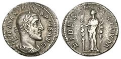Roman Imperial Maximinus Thrax, AD 235-238. AR, Denarius. 2.53 g. 19.12 mm. Rome. Obv: IMP MAXIMINVS PIVS AVG. Bust of Maximinus I, laureate, draped, cuirassed, right. Rev: FIDES MILITVM. Fides, drape