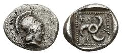 Greek Dynasts of Lycia, Vekhssere I. AR Diobol, 1.24 g 12.51 mm. 450-430/20 BC. Obv: Helmeted head of Athena right. Rev. Triskeles within dotted incuse square. Ref.: Falghera, 157. VF