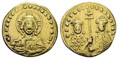 Byzantine Basil II Bulgaroktonos and Constantine VIII, AD 976-1025. AV, Fourrèe Solidus. 4.40 g. 22.13 mm. Constantinople. Obv: +IҺS XIS RЄX RЄGNANTIҺm. Bust of Christ facing with nimbus cross, holdin