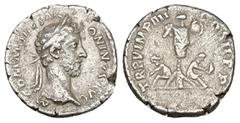 Roman Imperial Commodus, AD 177-192. AR, Denarius. 2.91 g. 18.40 mm. Rome. Obv: M COMMODVS ANTONINVS AVG. Head of Commodus, laureate, right. Rev: TR P V IMP IIII COS II P P. Trophy; to left and right,