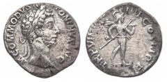 Roman Imperial Commodus, AD 177-192. AR, Denarius. 2.46 g. 17.82 mm. Rome. Obv: M COMMODVS ANTONINVS AVG. Head of Commodus, laureate, right. Rev: TR P VII [IMP] IIII COS III P P. Mars, helmeted, nude,