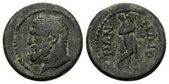 Roman Provincial Lydia, Maeonia. Pseudo-autonomous. AE. 5.64 g. 22.10 mm. Obv: Head of Heracles, bearded, left. Rev: ΜΑΙΟΝΩΝ. Nude Omphale advancing, right, wearing lion skin, carrying club over shoul