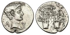 Roman Provincial Lycia, Koinon of Lycia. AR, Drachm. 2.84 g. 18.20 mm. Masicytes. Obv: ΛΥ. Bare head of Augustus, right. Rev: ΜΑ. Two citharas. Ref: RPC 3309c; Troxell, LL 116-23. Very Fine.