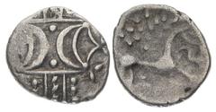 Greek Western Europe, Britain. Iceni. AR Quinar, 1.28 g 14.27 mm. Circa 1st century BC. Obv: Two opposed crescents, ornamented with pellets. Rev: Stylised horse right; rosette above. Ref: Arsdell 760-
