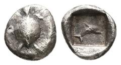 Greek Islands off Attica, Aegina, AR Obol, 0.90 g 9.73 mm. Circa 480 BC. Obv: Turtle with smooth shell, ridge down middle Rev: Dolphin swimming right within incuse square. Ref:Traité 1046 = BMC 145 va