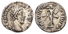 Roman Imperial Commodus, AD 177-192. AR, Denarius. 2.81 g. 17.23 mm. Rome. Obv: M COMMODVS ANTONINVS AVG. Head of Commodus, laureate, right. Rev: TR P VIII IMP V COS IIII P P. Mars, helmeted, advancin