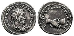 Roman Imperial Pupienus, AD 238. AR, Antoninianus. 4.68 g. 22.41 mm. Rome. Obv: IMP CAES M CLOD PVPIENVS AVG. Bust of Pupienus, radiate, draped, cuirassed, right. Rev: CARITAS MVTVA AVGG. Clasped hand