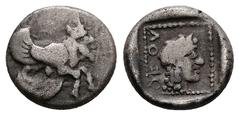 Greek Dynasts of Caria, Orou. Local Dynast, AR Quarter Stater, 2.78 g 13.75 mm. Circa 450-400 BC. Obv: Forepart of winged, man-headed bull right. Rev: OF OV. Head of female (Aphrodite?) right in dotte