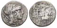 Roman Imperial Trajan. AD 98-117. Restored issue of L. Rubrius Dossenus. AR, Denarius. 3.64 g. 17.34 mm. Rome. Obv: DOS. Head of Juno, veiled, right; sceptre behind. Rev: [IMP CAES TRAIAN AVG GER DAC 