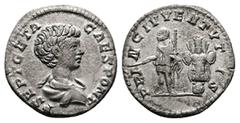 Roman Imperial Geta as Caesar, AD 198-209. AR, Denarius. 3.07 g. 18.27 mm. Rome. Obv: P SEPT GETA CAES PONT. Bust of Geta, bare-headed, draped, right. Rev: PRINC IVVENTVTIS. Geta, in military attire, 