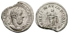 Roman Imperial Macrinus, AD 217-218. AR, Denarius. 2.09 g. 20.29 mm. Obv: IMP CM OPEL SEV MACRINVS AVG. Bust of Macrinus, laureate, long bearded, cuirassed, right. Rev: PONTIF MAX TR P COS P P. Securi