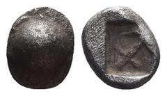 Greek Attica, Aegina, AR Hemiobol, 0.41 g 5.93 mm. 490-456 BC. Obv: Smooth shell sea turtle Rev: "Skew" pattern incuse square. Ref: Milbank.Pl.I,7. SNG.Cop.513. Fine/Rare!