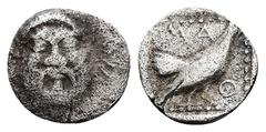 Greek Lesbos, Methymna AR Hemiobol or Tetartemorion, 0.18 g 6.28 mm. Circa 500/480-460 BC. Obv: Facing head of Silenos Rev: Cock standing to right, MAΘ around, within dotted square border; all within 