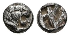 Greek Persia, Achaemenid Empire. AR 1/12 Stater, 1.34 g 8.52 mm. Time of Kyros - Darios I, in the types of Kroisos. Sardes, circa 550-520 BC. Obv: Head of roaring lion to right Rev: Irregular incuse p