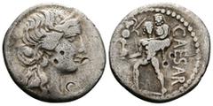 Roman Republic Julius Caesar, 48-47 BC. AR, Denarius. 3.57 g. 17.25 mm. African mint. Obv: Head of Venus, right, wearing diadem. Border of dots. Ref: CAESAR Aeneas, left, carrying palladium in right h