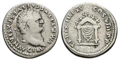Roman Imperial Titus, AD 79-81. AR, Denarius. 3.20 g. 17.90 mm. Rome. Obv: IMP TITVS CAES VESPASIAN AVG P M. Head of Titus, laureate, right. Rev: TR P IX IMP XV COS VIII P P. Pulvinar (throne) of Jupi