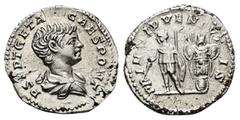 Roman Imperial Geta as Caesar, AD 198-209. AR, Denarius. 3.48 g. 19.57 mm. Rome. Obv: P SEPT GETA CAES PONT. Bust of Geta, bare-headed, draped, right. Rev: PRINC IVVENTVTIS. Geta, in military attire, 