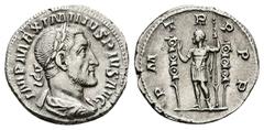 Roman Imperial Maximinus Thrax, AD 235-238. AR, Denarius. 3.15 g. 19.12 mm. Rome. Obv: IMP MAXIMINVS PIVS AVG. Bust of Maximinus I, laureate, draped, cuirassed, right. Rev: P M TR P P P. Maximinus Thr