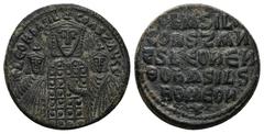 Byzantine Basil I the Macedonian, Leo VI and Constantine VII, AD 867-886. AE, Follis. 9.26 g. 25.64 mm. Constantinople. Obv: + LЄOҺ bASIL COҺST AЧGG. Basil I, crowned, with short beard, wearing loros,