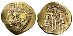Byzantine Andronicus II Palaeologus and Michael IX, AD 1282-1328. AE, Hyperpyron. 4.25 g. 24.00 mm. Constantinople. Obv: Half-length figure of the Virgin Mary orans within city wall of four towers. Re