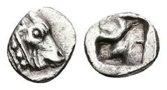 Greek Asia Minor, Uncertain. AR Hemiobol, 0.35 g 7.84 mm. Early to mid 5th century BC. Obv: Head of a bull to right, with a beaded neck truncation and a sharp, straight horn. Rev: Irregular quadripart