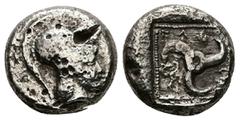 Greek Dynasts of Lycia, Wekhssere. AR Stater, 7.72 g 17.67 mm. Circa 440 BC. Obv: Head of Athena with Corinthian helmet on the right Rev: Lycian legend (‘wekhs’), triskeles, diskeles on left, within a