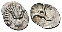 Greek Dynasts of Lycia, Mithrapata. AR Diobol, 1.97 g 17.87 mm. Circa 425-360 BC. Obv: Facing lion's scalp Rev: Triskeles, Lycian script around; all within incuse square. Ref: Müseler VI, 86-90 var. (