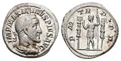 Roman Imperial Maximinus I, AD 235-238. AR, Denarius. 3.19 g. 19.75 mm. Rome. Obv: IMP MAXIMINVS PIVS AVG. Bust of Maximinus I, laureate, draped, cuirassed, right. Rev: P M TR P P P. Maximinus Thrax, 