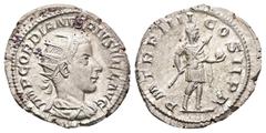 Roman Imperial Gordian III, AD 238-244. AR, Antoninianus. 3.95 g. 23.42 mm. Rome. Obv: IMP GORDIANVS PIVS FEL AVG. Bust of Gordian III, radiate, draped, cuirassed, right. Rev: P M TR P IIII COS II P P